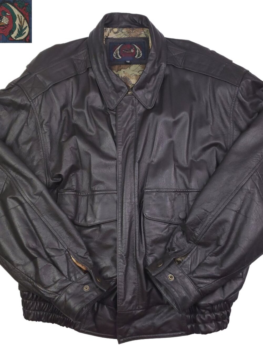 G-III Leather Flight Bomber Jacket Vintage 90s A-2 Aviator Map Lined Men's Large
